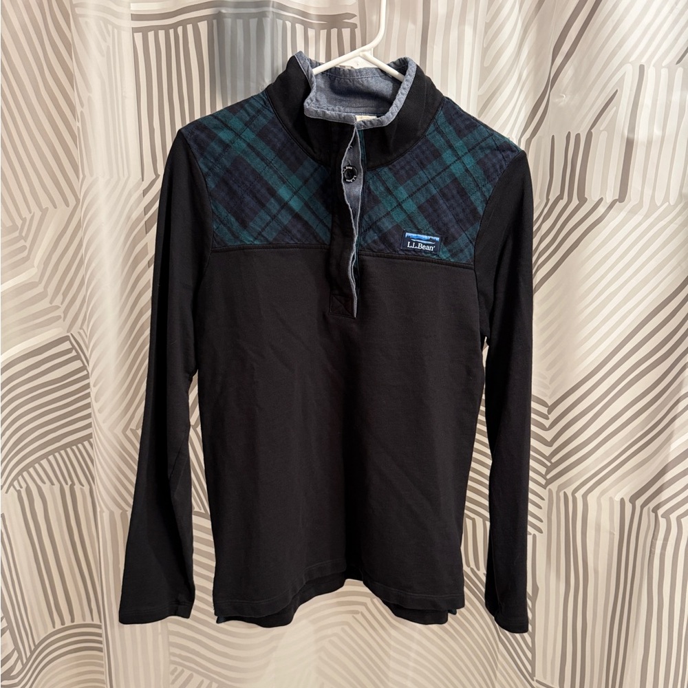 LL Bean Women’s Soft Cotton Rugby Shirt Plaid and Black